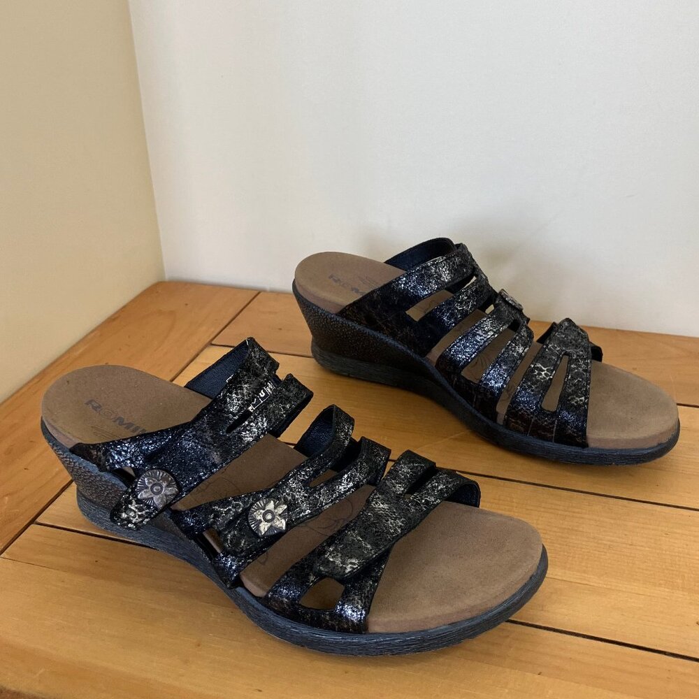 Romika Nevis Comfort Wedge Sandals Adjustable Straps Black/Silver Metallic